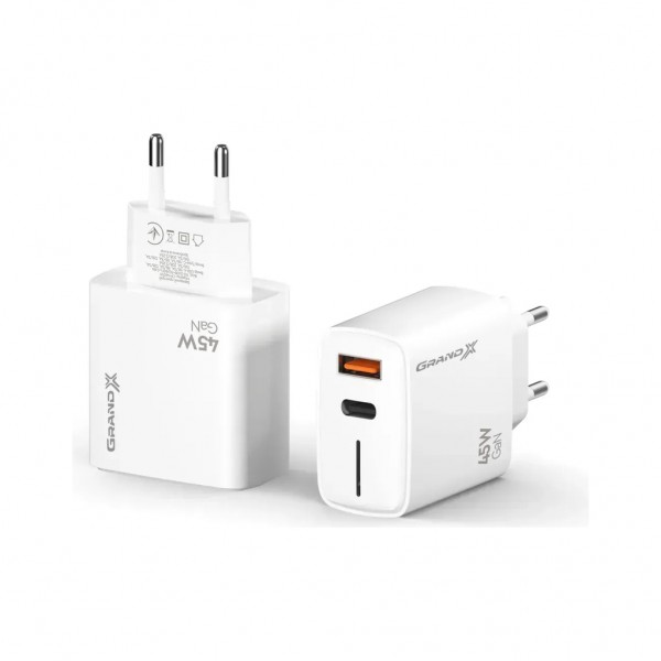 Зарядний пристрій Grand-X GaN 1xUSB-C + 1xUSB QC3.0 45W white (CH-460W)