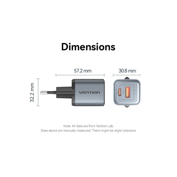 Зарядний пристрій Vention 1xUSB-C PD30W + 1xUSB QC3.0 18W GaN gray (FEWH0-EU)