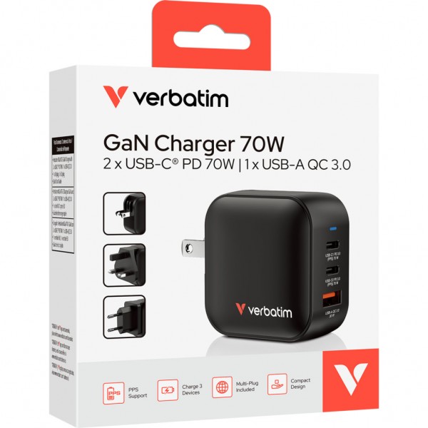Зарядний пристрій Verbatim MiniGaN 70 W 3 ports (2xUSB-C/1xUSB-A) (32229)