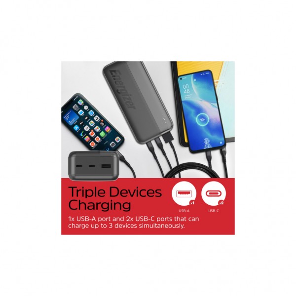 Батарея універсальна Energizer 30000mAh 15W 3A, USB-А, 2хUSB-C Black (UE30050CC)