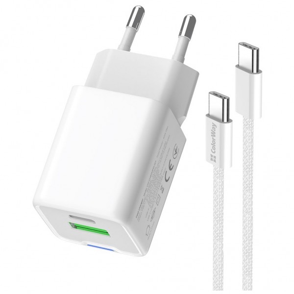 Зарядний пристрій ColorWay C101A GaN Mini 20W PD PPS USB-C + USB-A QC4.0 + cable USB-C to USB-C black (CW-CHS062PDC-WT)
