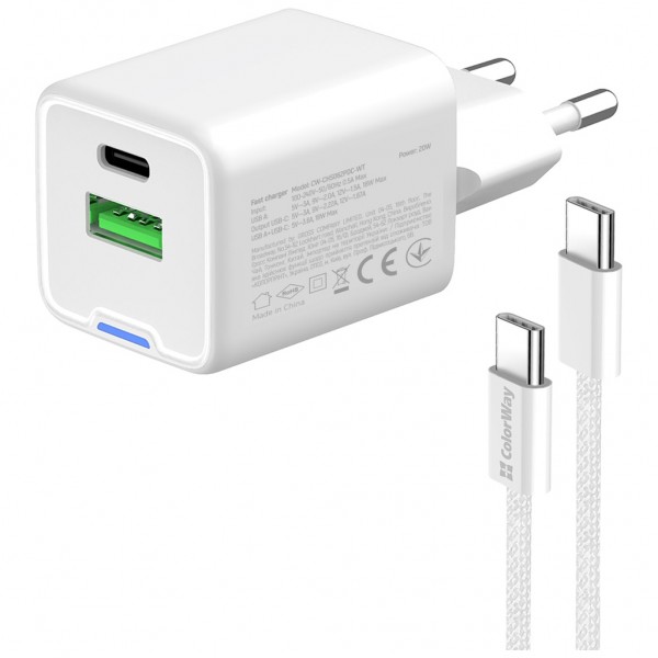 Зарядний пристрій ColorWay C101A GaN Mini 20W PD PPS USB-C + USB-A QC4.0 + cable USB-C to USB-C black (CW-CHS062PDC-WT)