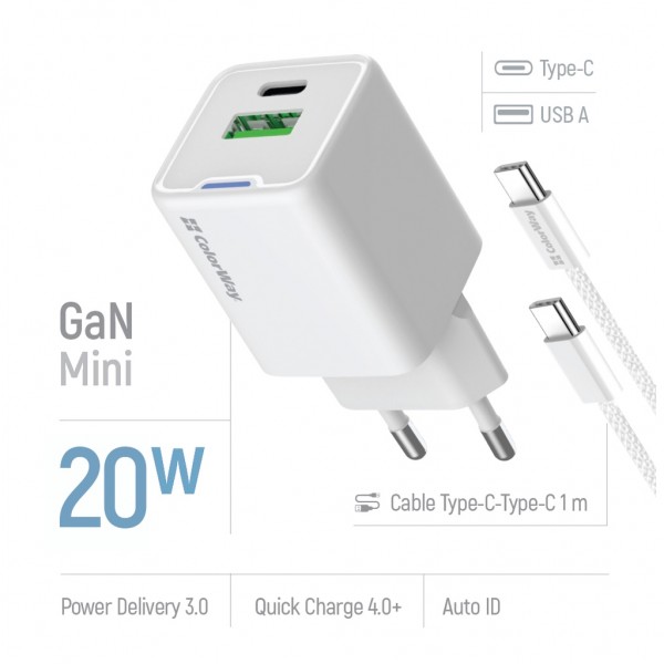 Зарядний пристрій ColorWay C101A GaN Mini 20W PD PPS USB-C + USB-A QC4.0 + cable USB-C to USB-C black (CW-CHS062PDC-WT)