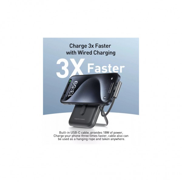 Батарея універсальна Choetech Magnetic Wireless 10000mAh 20W, PD, Qi-15W, USB-C In/Out, build-in cabel, Black (B735-CCBK)