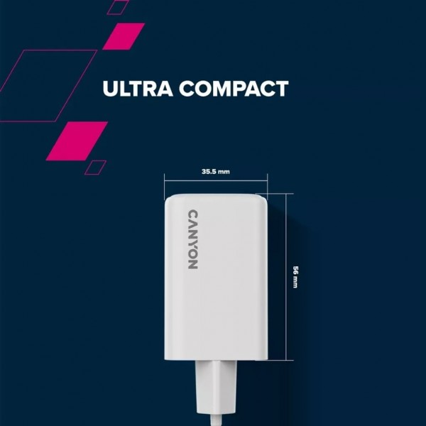 Зарядний пристрій Canyon CU65ACC GaN 65W 2xPD 1xQC EU White (CNS-CUW65ACC)