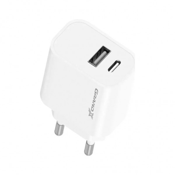 Зарядний пристрій Grand-X 1xUSB-C + 1xUSB 21W OCP white (CH-21W)