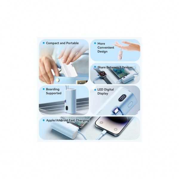 Батарея універсальна Vention 4800mAh 22,5W PD, USB-C In/Out, LED display, with built-in USB-C cable Blue (FHQL0)