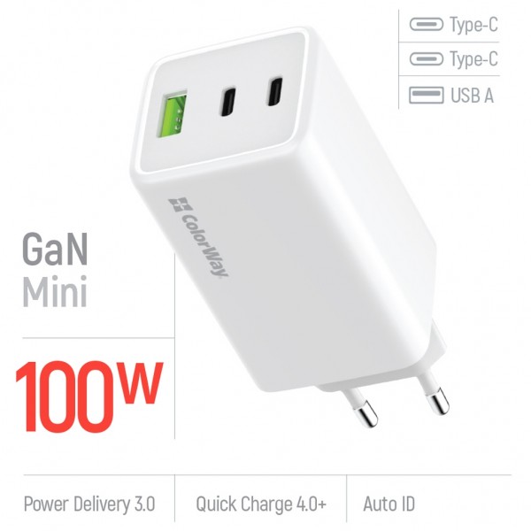 Зарядний пристрій ColorWay C101B GaN Mini 100W PD PPS 2xUSB-C + USB-A white (CW-CHS061PD-WT)
