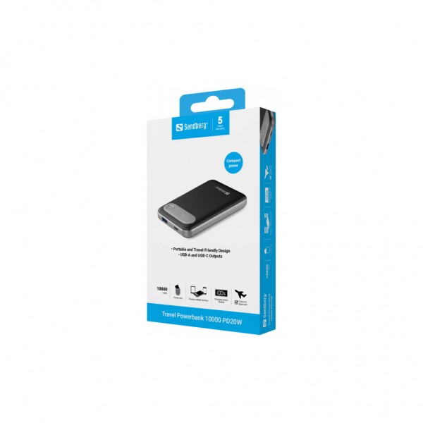 Батарея універсальна Sandberg 10000mAh Travel PD/20W, QC/3.0/22.5W, USB-A, USB-C, LCD Display (421-16)