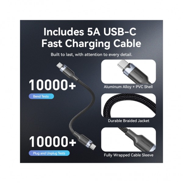Зарядний пристрій Vention 2xUSB-C PD45W GaN + cable USB-C to USB-C 1.0m black gray (TZ-FCDH0-EU)