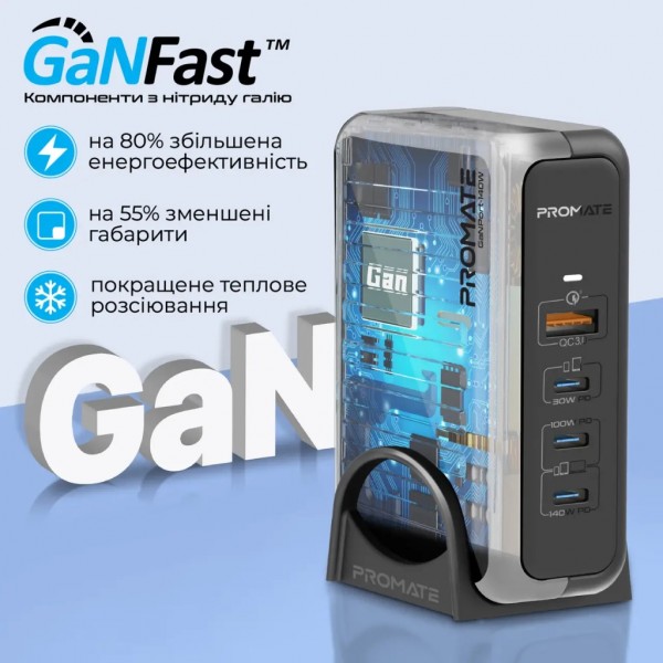 Зарядний пристрій Promate 3xUSB-C + USB-A (ganport-140w.black)