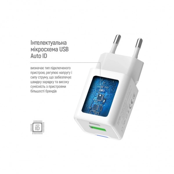 Зарядний пристрій ColorWay USB-C PD20W + 1xUSB QC4.0 white (CW-CHS062PD-WT)