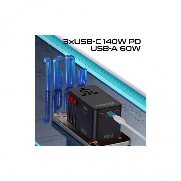 Зарядний пристрій Promate tripmate-gan160 3xUSB-C PD + USB-A QC 160W GaN Black (tripmate-gan160)
