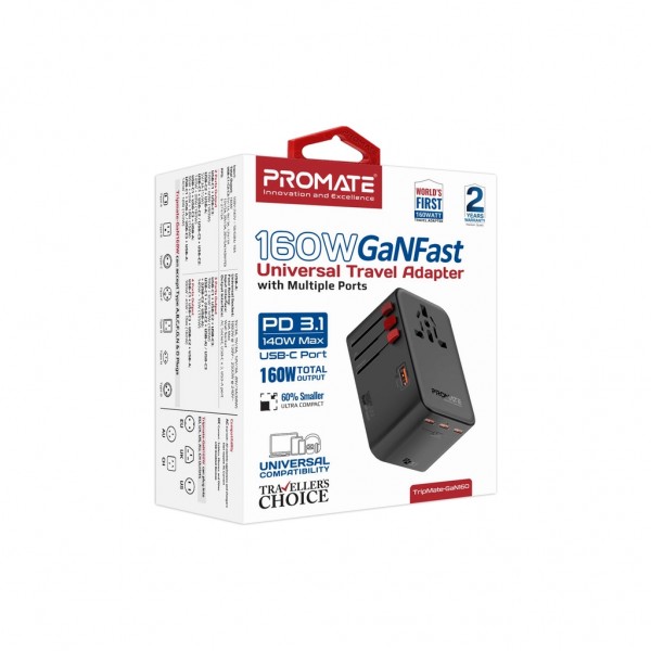 Зарядний пристрій Promate tripmate-gan160 3xUSB-C PD + USB-A QC 160W GaN Black (tripmate-gan160)