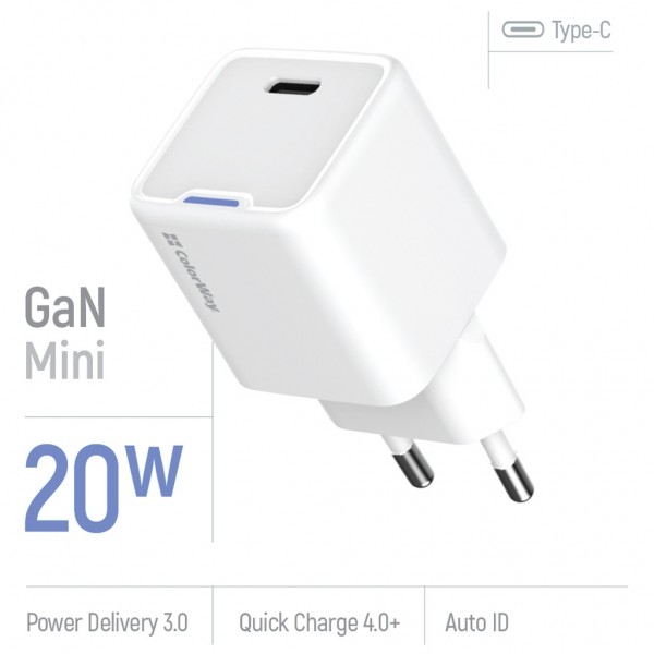 Зарядний пристрій ColorWay C101C GaN Mini 20W PD PPS USB-C white (CW-CHS059PD-WT)