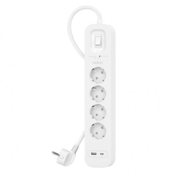 Мережевий фільтр живлення Belkin 4хТипF, 16А, USB-A/USB-C 18Вт, 2м (SRB001VF2M-V2)