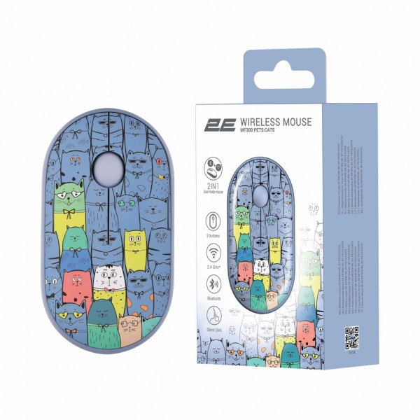 Мишка 2E MF300 PETSCATS Silent Wireless/Bluetooth Blue (2E-MF300WPETSBL)