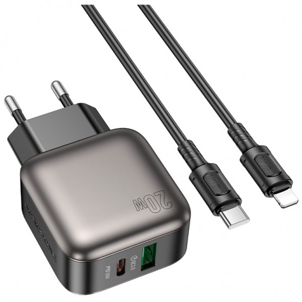 Зарядний пристрій BOROFONE BAS54A Absolute 1xUSB-C PD20W + 1xUSB QC3.0 + cable USB-C to Lightning Black (6941991116216)