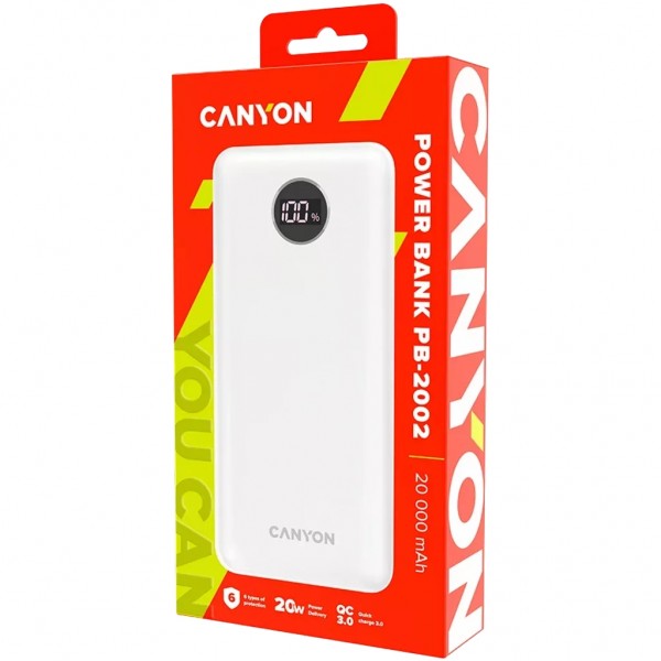 Батарея універсальна Canyon PB-2002 20000mAh, PD/20W, QC/3.0/22.5W, White (CNE-CPB2002W)