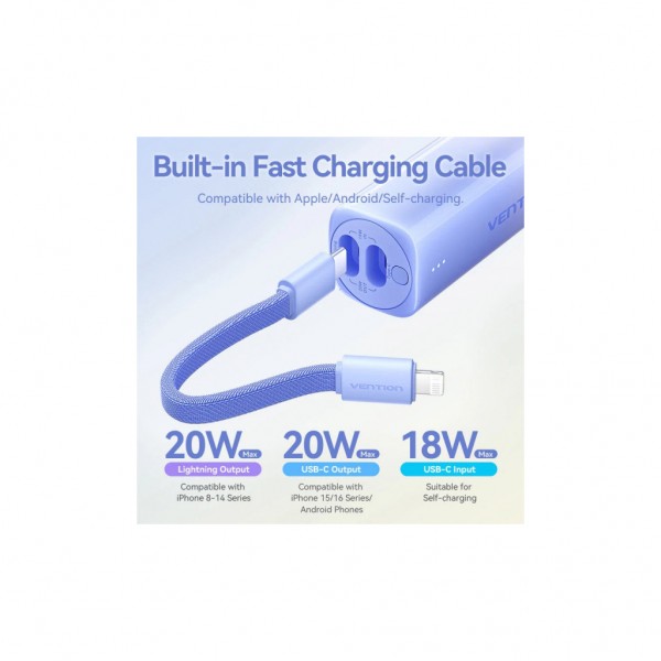 Батарея універсальна Vention 5000mAh 20W PD, USB-C In/Out, Lightning In/Out, with cable, Gradient Blue (FHWL0)