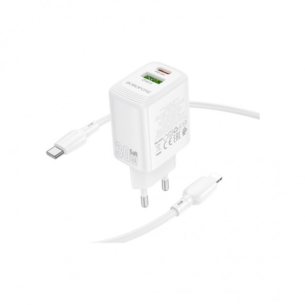 Зарядний пристрій BOROFONE BN29 Fuente 1xUSB-C PD30W + 1xUSB QC3.0 + cable USB-C to Lightning White (6941991120336)