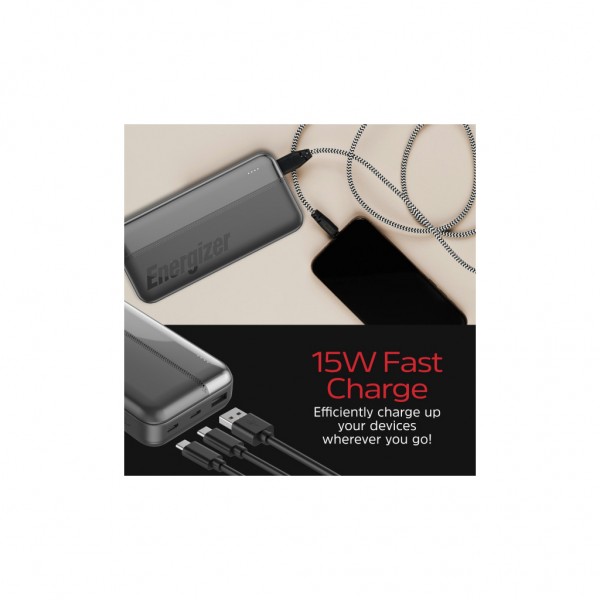 Батарея універсальна Energizer 20000mAh 15W, USB-А, 2*USB-C, Black (UE20050CC)