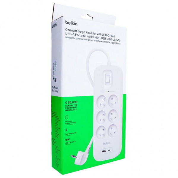Мережевий фільтр живлення Belkin 6хТипE, 16А, USB-A/USB-C 18Вт, 2м (SRB002CA2M)