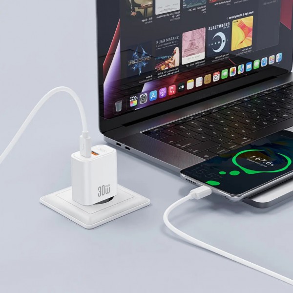 Зарядний пристрій XO 1xUSB 22.5W + 1xUSB-C PD30W white (CE42.white)