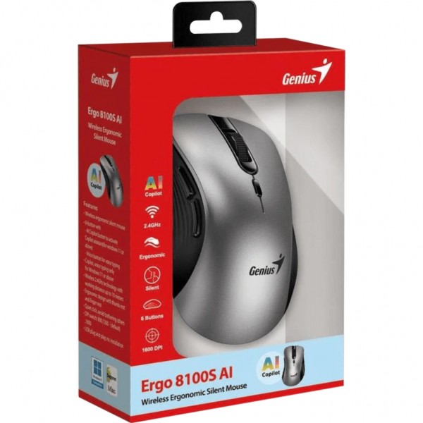 Мишка Genius Ergo 8100S AI Silent Wireless Grey (31030040404)