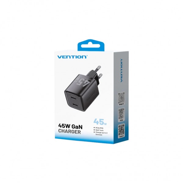 Зарядний пристрій Vention 2xUSB-C PD45W GaN black (FEFB0-EU)