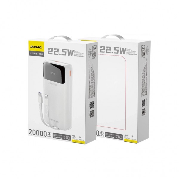 Батарея універсальна Dudao K15Pro 20000mAh PD/22.5W, QC, with built-in cables, White (6977196682447)